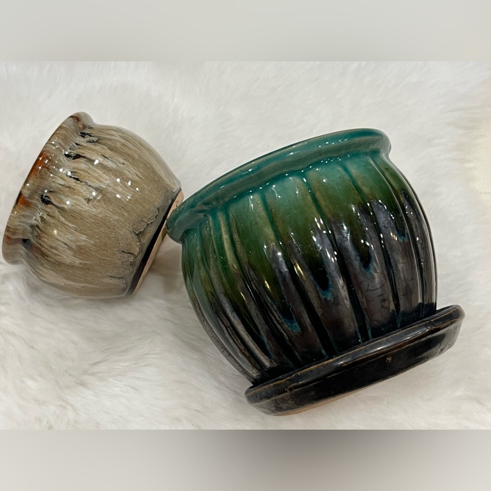 Bundle of 2 Glazed Flower Pots Planters ~ One w/Flower Frog Kenzan/ Ikebana